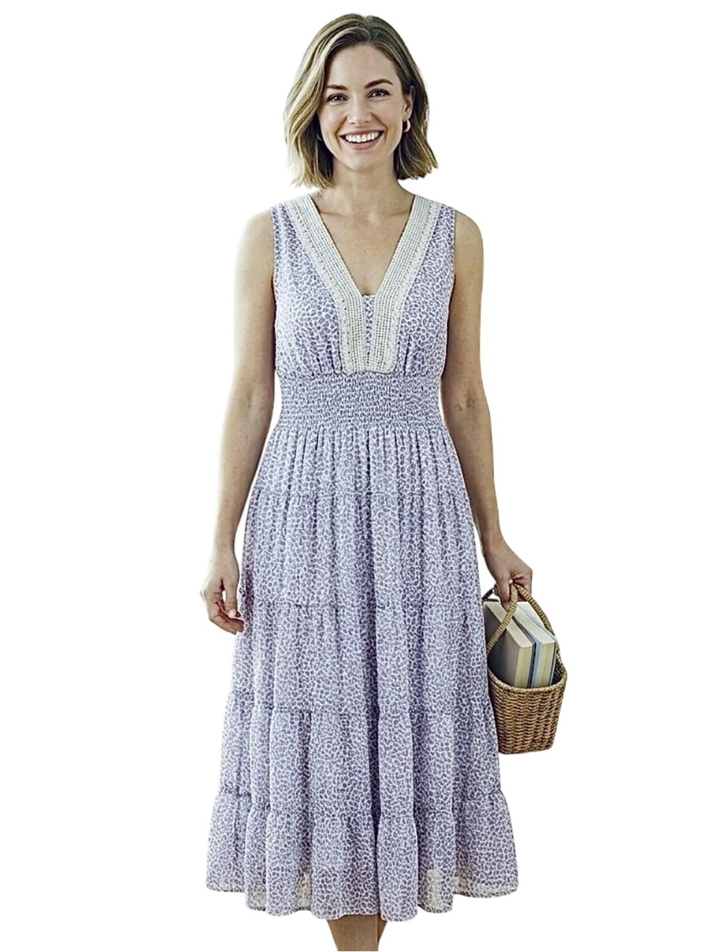 Vintage Smocked Tiered Maxi Dress White Blue Floral V-Neck Medium
